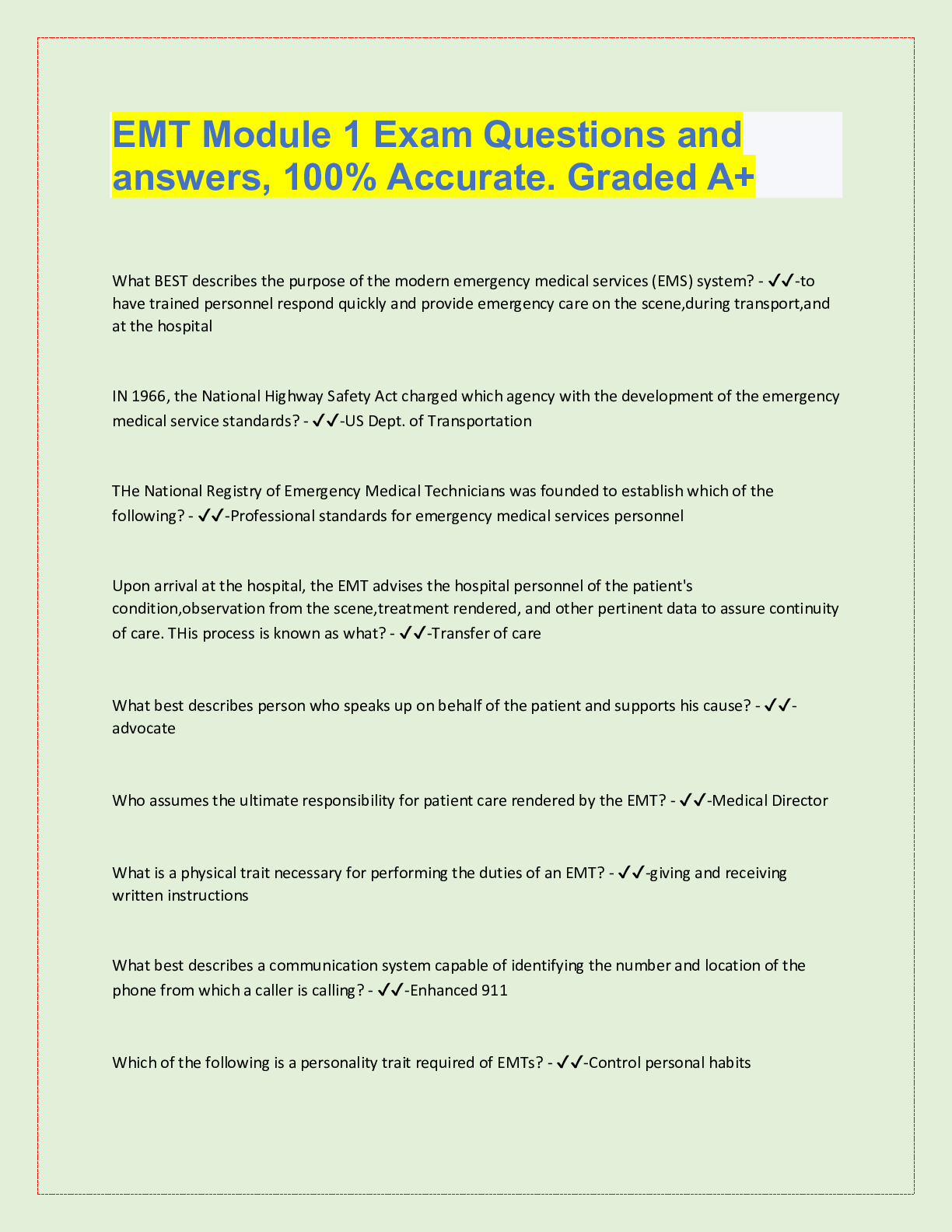 Preview image for EMT Module 1 Exam Questions and  answers, 100% Accurate. Graded A+